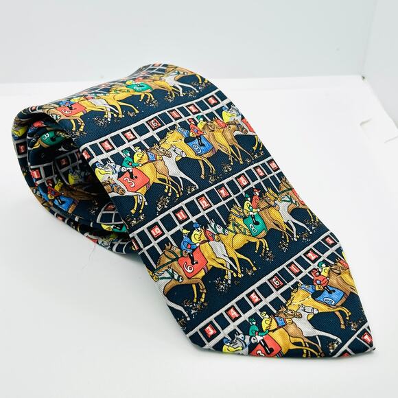 Vintage 80s Alynn Navy Blue Horse Racing Novelty Silk Necktie - Picture 1 of 7